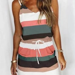 Levency New In Stripe Drawstring Sleeveless Mini Dress