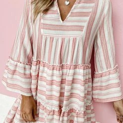 Levency Striped Flares Sleeve Tiered Mini Dress 15 Levency Striped Flares Sleeve Tiered Mini Dress