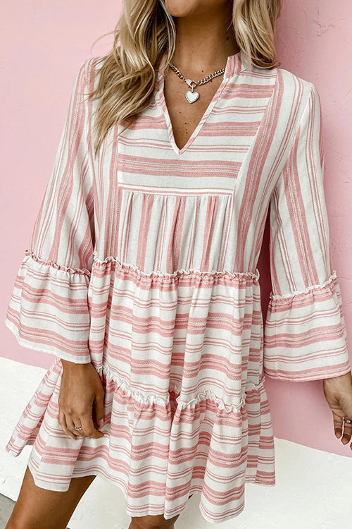 Levency Striped Flares Sleeve Tiered Mini Dress 6 Levency Striped Flares Sleeve Tiered Mini Dress