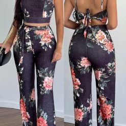 Levency Print Halter Backless Crop Pants Set
