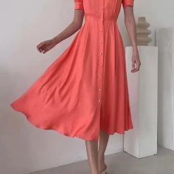 Levency Pearl Button O Neck Shirt Maxi Dress