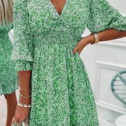 Levency Floral V Neck Elastic Waist Mini Dress New In