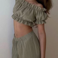 Levency Off Shoulder Ruched Crop Top Pants Sets