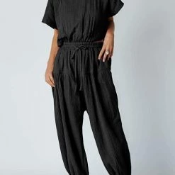 Levency Slit Back Solid Drawstring Jumpsuit 28 Levency Slit Back Solid Drawstring Jumpsuit