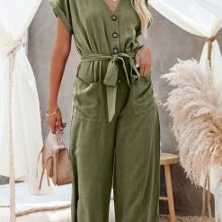 Levency Solid Belted Button Pockets Jumpsuit New In