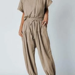 Levency Slit Back Solid Drawstring Jumpsuit 33 Levency Slit Back Solid Drawstring Jumpsuit