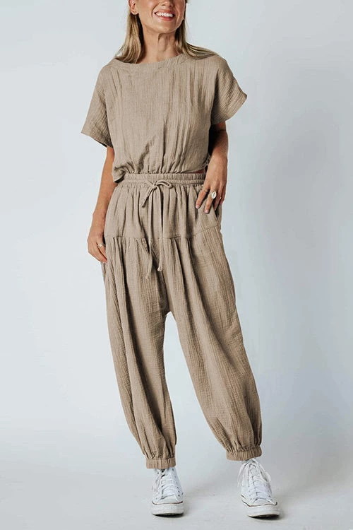 Levency Slit Back Solid Drawstring Jumpsuit 17 Levency Slit Back Solid Drawstring Jumpsuit