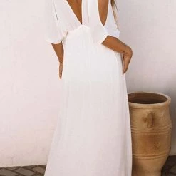 Levency Cold Shoulder Slit Bat Sleeve V Neck Maxi Dress New In