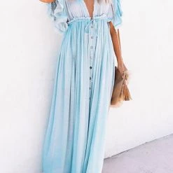 Levency New In Button Drawstring Waist Bat Maxi Cover Dress