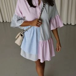 Levency New In Stripe Color Block Half Button Mini Dress