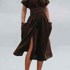 Levency New In Pockets V Neck Kimono Dress