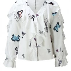 Levency New In Ruffles Button V Neck Blouse