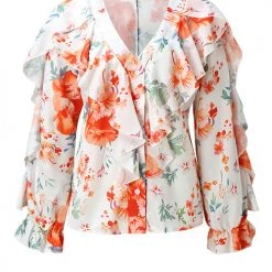 Levency New In Ruffles Button V Neck Blouse