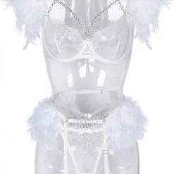 Levency New In Cutout Feather Detail Plain Lingerie Set