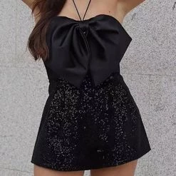 Levency Satin Bow Halter Neck Sequin Short Romper New In