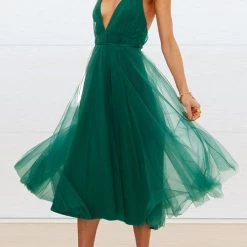 Levency Plunging Neck Backless Mesh Midi Dress New In