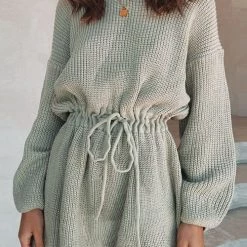 Levency O Neck Puff Long Drawstring Sweater Romper