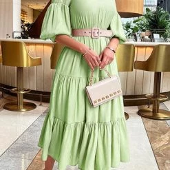 Levency O Neck Puff Sleeve Ruffles Midi Dress New In
