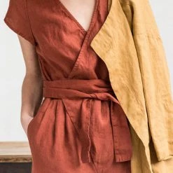 Levency New In Linen V Neck Wrap Jumpsuits