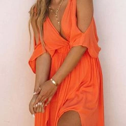 Levency Cold Shoulder Slit Bat Sleeve V Neck Maxi Dress New In