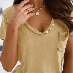 Levency V Neck Button Pockets T Shirt
