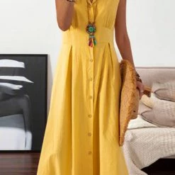 Levency Lapel Button Sleeveless Midi Dress