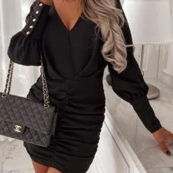 Levency New In V Neck Ruched Bodycon Dress
