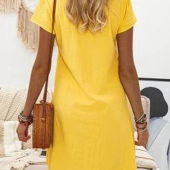 Levency New In Solid V Neck Short Sleeve Mini Dress