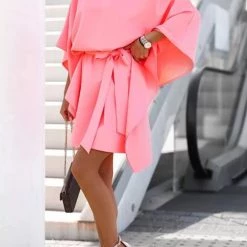 Levency New In Loose Bat Belted Mini Dress