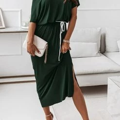 Levency Dew Shoulder Slit Belted Bat Dress