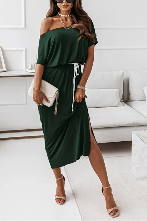 Levency Dew Shoulder Slit Belted Bat Dress 1 Levency Dew Shoulder Slit Belted Bat Dress