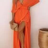 Levency Cold Shoulder Slit Bat Sleeve V Neck Maxi Dress New In