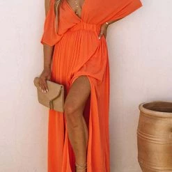 Levency Cold Shoulder Slit Bat Sleeve V Neck Maxi Dress New In