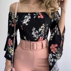 Levency Print Off Shoulder Bell Sleeve Blouse New In