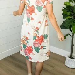 Levency Floral O Neck Pockets Midi Dress