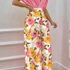 Levency New In V Neck Bat Blouse Print Wide Leg Pants Set