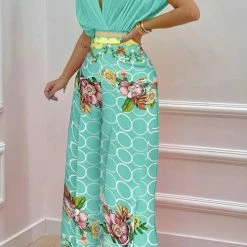 Levency New In V Neck Bat Blouse Print Wide Leg Pants Set
