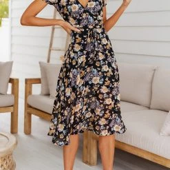 Levency Floral Print V Neck Midi Dress