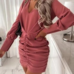 Levency New In V Neck Ruched Bodycon Dress