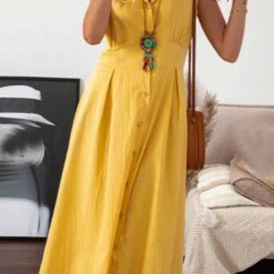 Levency Lapel Button Sleeveless Midi Dress