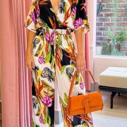 Levency Print V Neck Bat Drawstring Jumpsuits New In