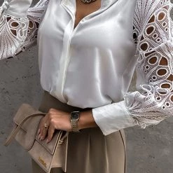 Levency New In Hollow Lace Turndown Collar Blouse