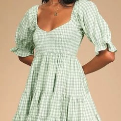 Levency New In Smocked Gingham Babydoll Dress