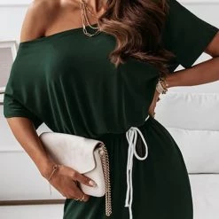 Levency Dew Shoulder Slit Belted Bat Dress 25 Levency Dew Shoulder Slit Belted Bat Dress