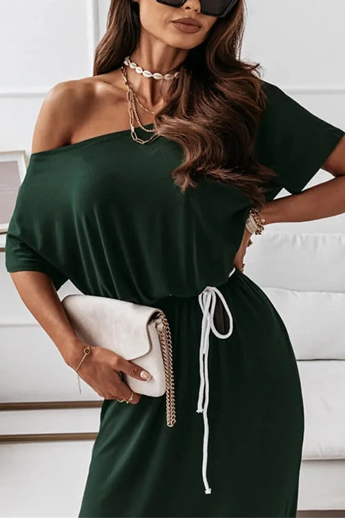 Levency Dew Shoulder Slit Belted Bat Dress 6 Levency Dew Shoulder Slit Belted Bat Dress