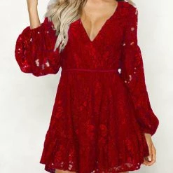 Levency Lace V Neck Puff Sleeve Mini Dress New In