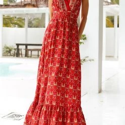 Levency New In Floral V Neck Halter Neck Backless Maxi Dress