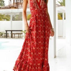 Levency New In Floral V Neck Halter Neck Backless Maxi Dress