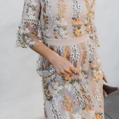 Levency New In Flutter Sleeves Bloom Embroidered Dress