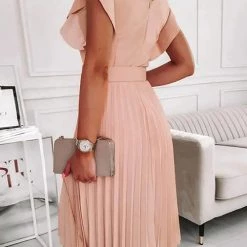 Levency Ruffles O Neck Pleated Midi Dress